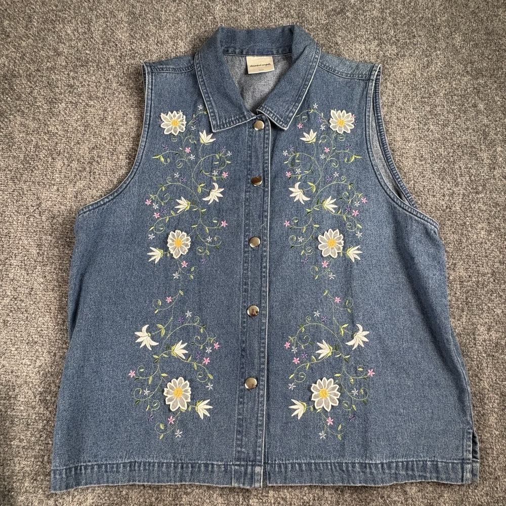 Decorated Originals Denim Vest Women S Blue Floral‎ Embroidered Cottage Boho Y2K